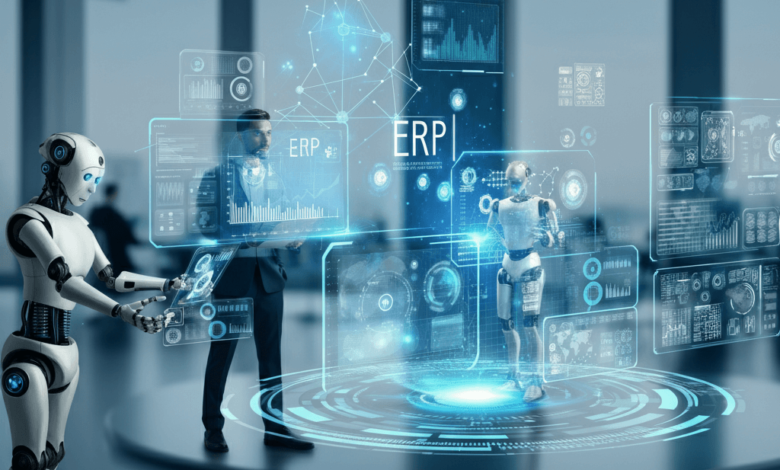AI-Driven ERP Systems: The Future of Nusaker Futuristic AI-driven ERP systems revolutionizing Nusaker with holographic data and digital networks.