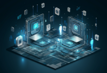 Futuristic digital landscape with interconnected systems and AI elements.