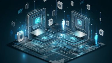 Futuristic digital landscape with interconnected systems and AI elements.