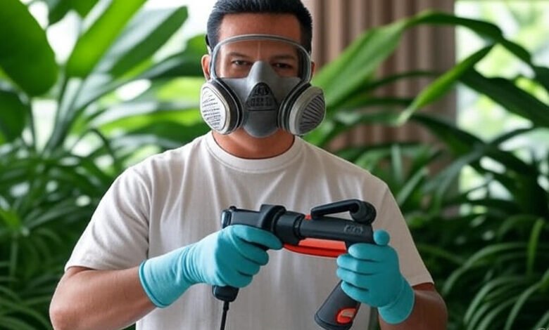 Professional Insetprag pest control technician spraying in Brazilian home