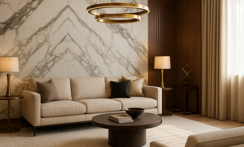 LuxuryInteriors.org: Behind the Design — Crafting Luxury That Lasts Modern luxury living room with marble wall and gold accents