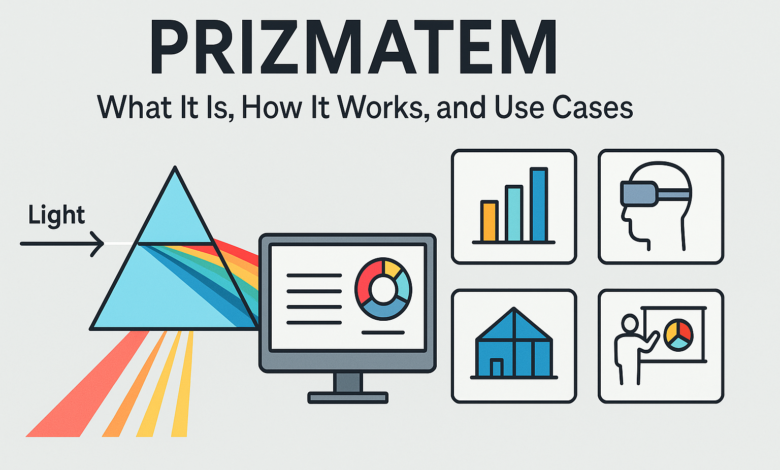 Prizmatem: What It Is, How It Works, Real Use Cases, and Why It Matters Diagram showing Prizmatem prism light refraction with industry use case icons