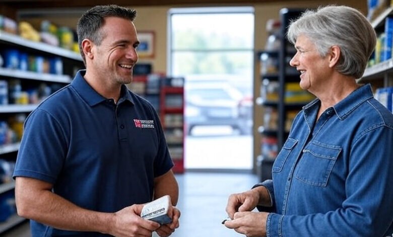 Tractor Supply sales associate helping customer with rural supplies