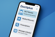 Doctiplus app interface showing 24/7 doctor access, medical records, and prescriptions