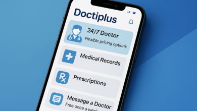 Doctiplus app interface showing 24/7 doctor access, medical records, and prescriptions