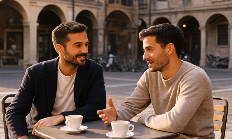 Two Italian men talking at a café table outdoors