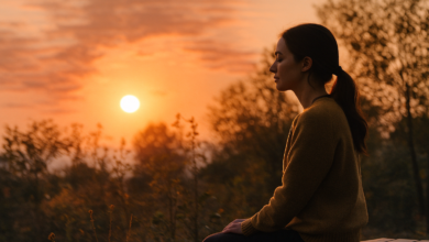 Woman sitting peacefully at sunset symbolizing mindful living