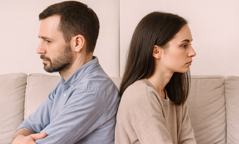 Man and woman facing apart