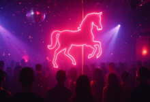 Neon pink pony silhouette in a club