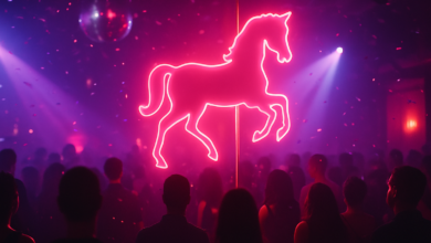 Neon pink pony silhouette in a club