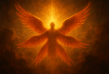 Abstract seraphim six‑wing motif